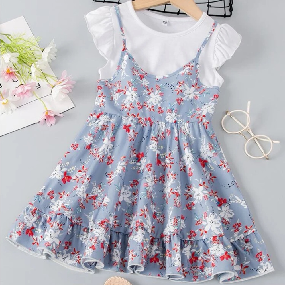 Toddler Girls Ruffle Trim Tee
& Floral Cami Dress